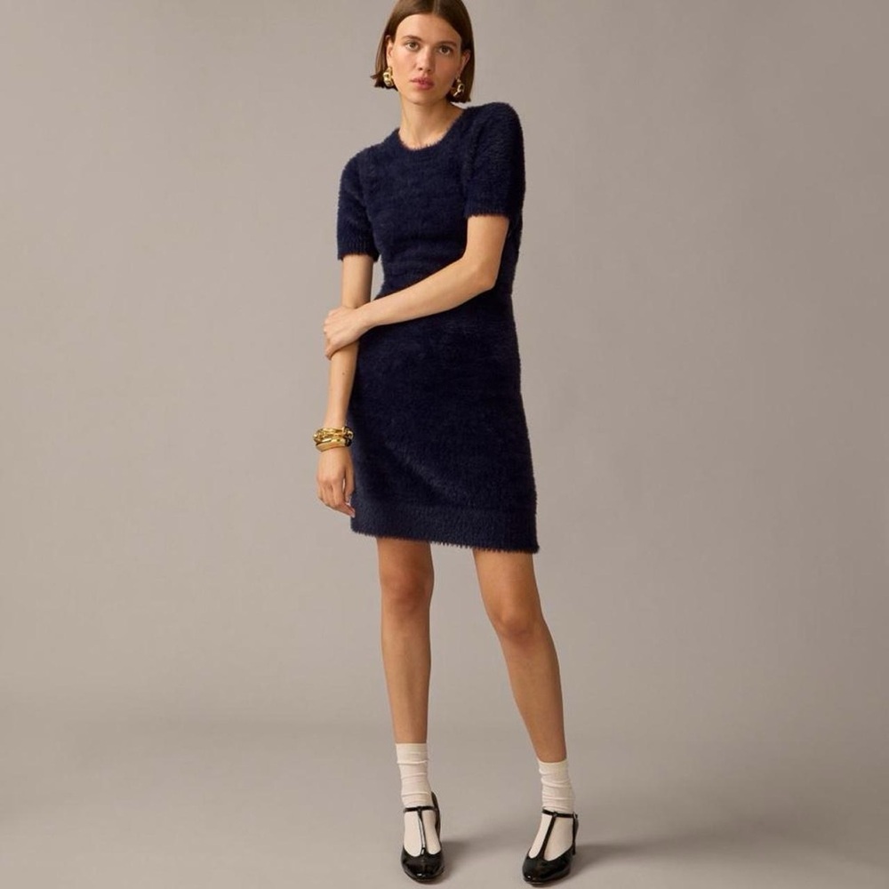 J. Crew faux fur fuzzy Navy‎ blue short sleeve knit dress xs